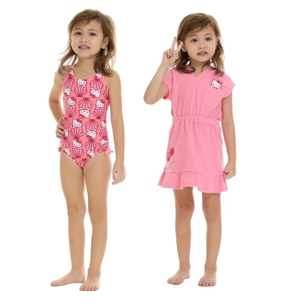 Hello Kitty Pink Shell Swimsuit and Hooded Terry Cover Up Set 2T Sanrio Mermaid